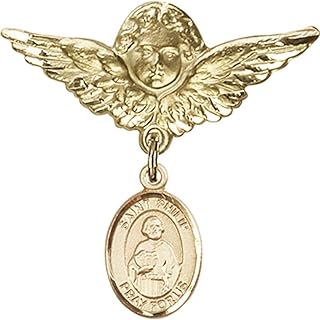 14kt Yellow Gold Baby Badge with St. Philip the Apostle Charm and Angel w/Wings Badge Pin 1 1/8 X 1 1/8 inches