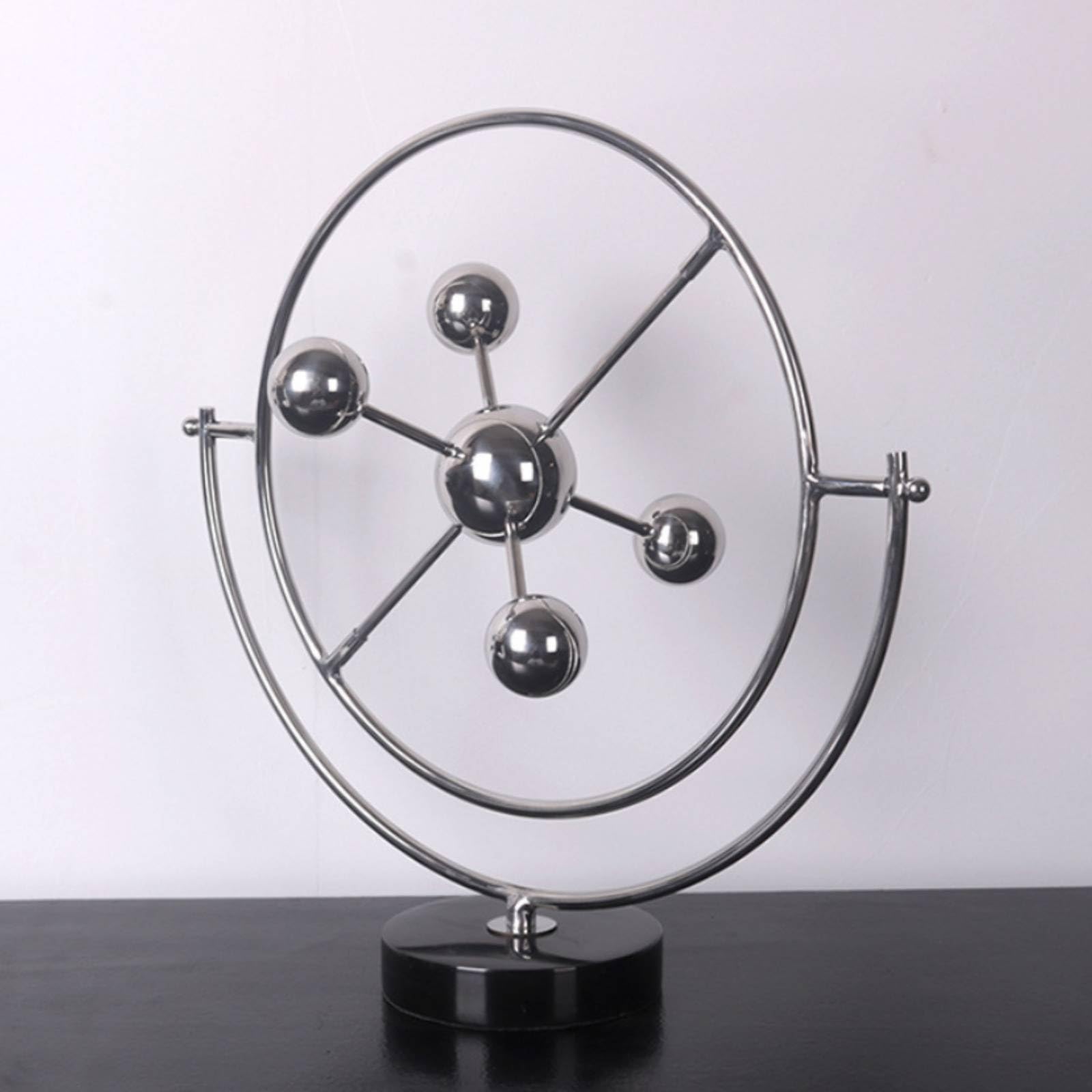 Sfera Decorativa Scultura Moderna Arredo Tavolo Centrotavola Astratto con Struttura Circolare E Barre Intersecanti in Lega con Sfere Specchiate Base