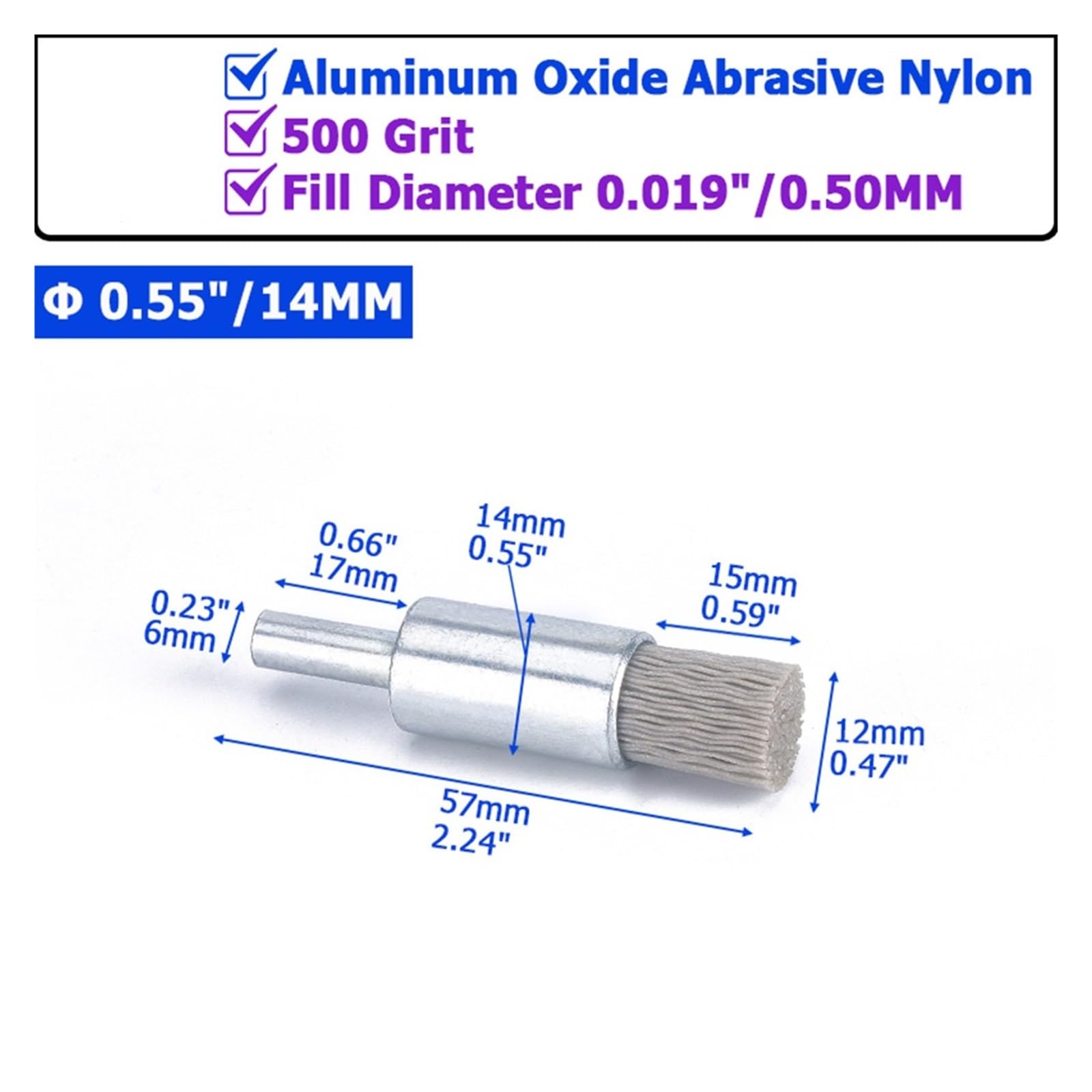 Nasadki szczotkowe do wiertarek, Zestaw szczotek końcowych metalowego koła garnkowego Wiertło Tlenek glinu Nylon ścierny 4-28 mm, ziarno 240-500(0.55in(14mm) 500Grit)