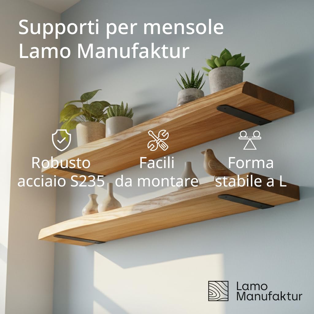 LAMO Staffe per mensole da muro 30 cm 4 pz. nere - Supporti per mensole, staffe a l, reggimensola a scomparsa, angolari metallo - Supporto mensola per dispensa, officina, guardaroba