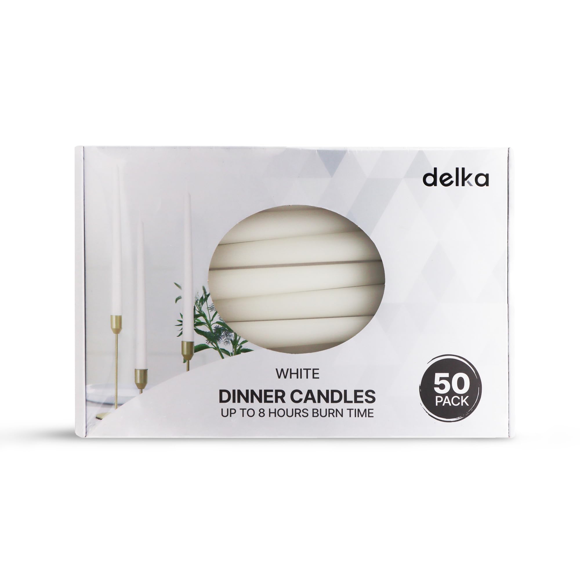 Delka White Tapered Dinner Candles – Long Burn 8 Hours, Unscented, Dripless, Smokeless – Elegant Table Candles For Weddings, Home Décor, Parties, Events & Holidays