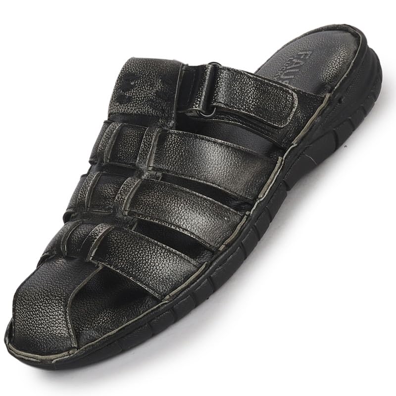 Image of FAUSTO Men Genuine Leather Multi Strap Closed Toe Broad Feet Slip On Slippers with Adjustable Strap | Roman Sandals