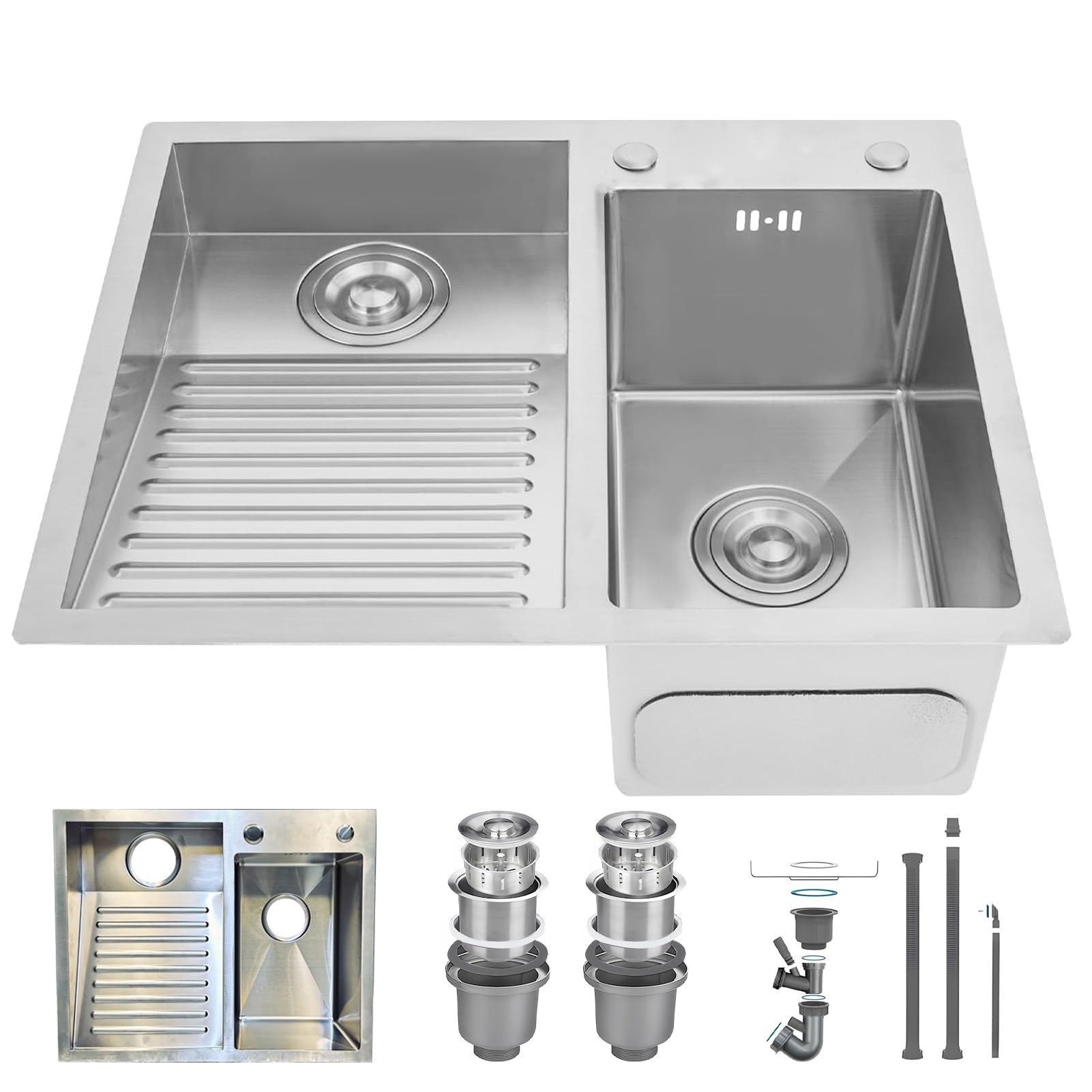 ZQFHSX SUS304 Stainless Steel Laundry Sink with Washboard | Drop-in & Undermount Installation Double Bowl Utility Basin for Balcony, Basement, Garage Brushed Finish, Drain Kit Included(Left,60x48cm)