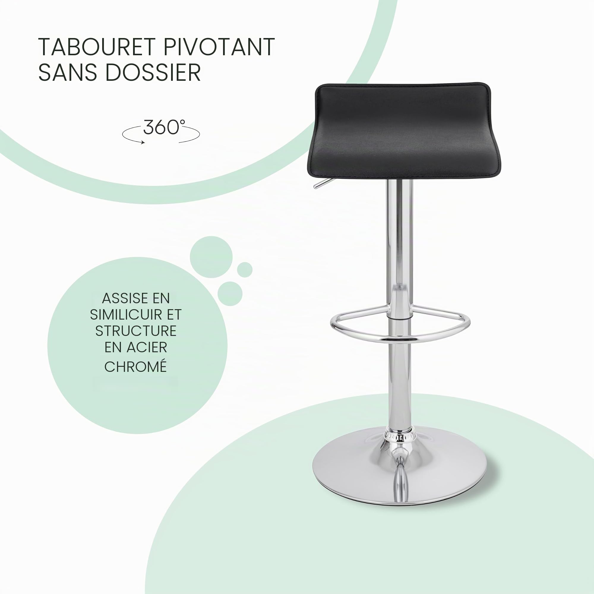 Baroni Home Tabouret de Bar Pivotant avec Hauteur Réglable, Base Chromée avec Repose-Pieds et Fond Anti-Rayures, Tabouret Cuisine et Péninsule, Facile à Installer, 38x45x59-79 cm, Noir 1 pièce