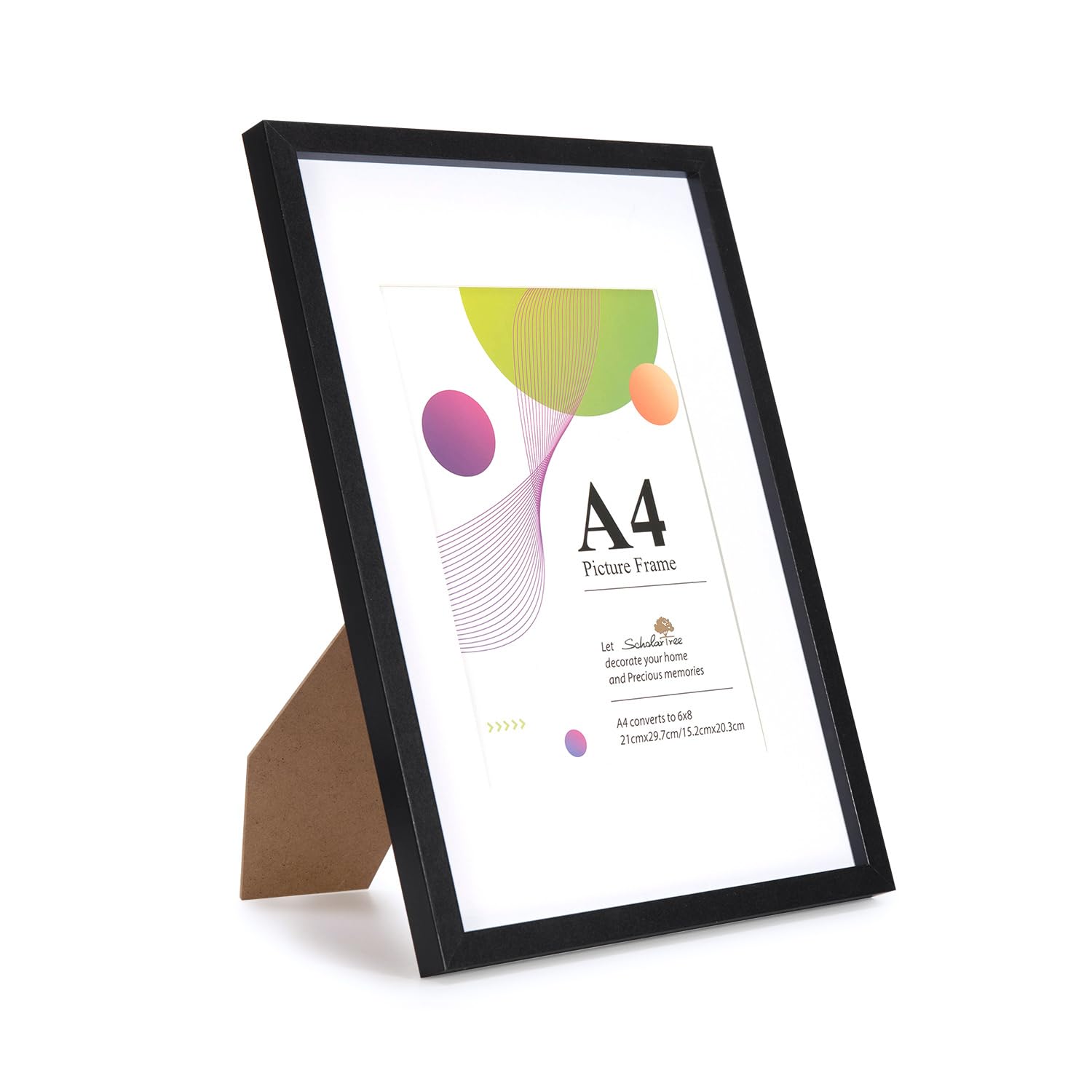 Scholar Tree A4 Frame - 1 Pack A4 Black Frame, Black Picture Frames 21 X 29.7 cm, Wooden A4 Photo Frames with 6x8 Mount, A4 Picture Frames with Stand Tabletop or Wall Hanging
