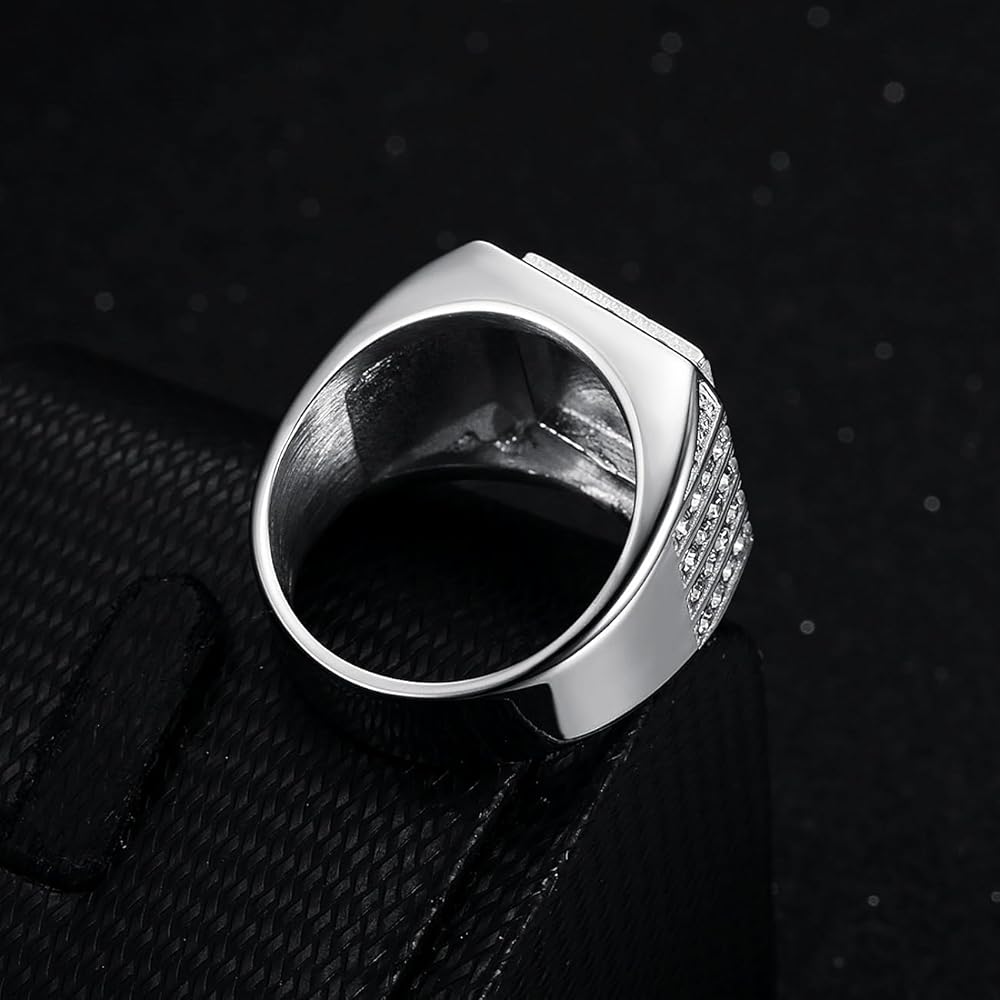 HETIMXIA Iced out Ring for men Smooth Square ring Hip Hop