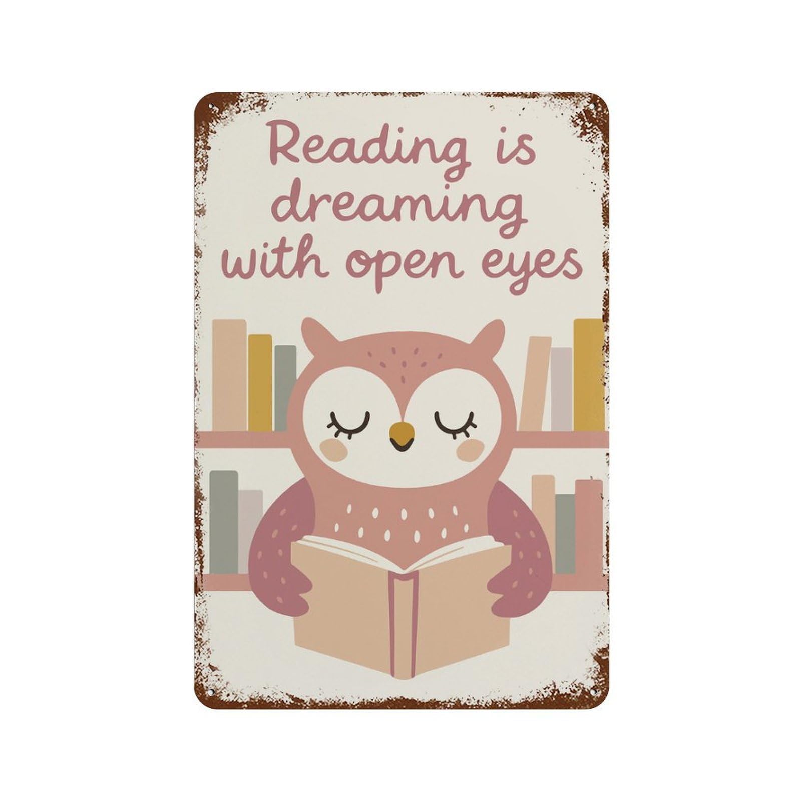 Rust Effect Reading Owl Illustration Rusty Metal Tin Sign 11.8"x7.9", Farmhouse Wall Decor for Cafe, Home Bar And Lounge Decor
