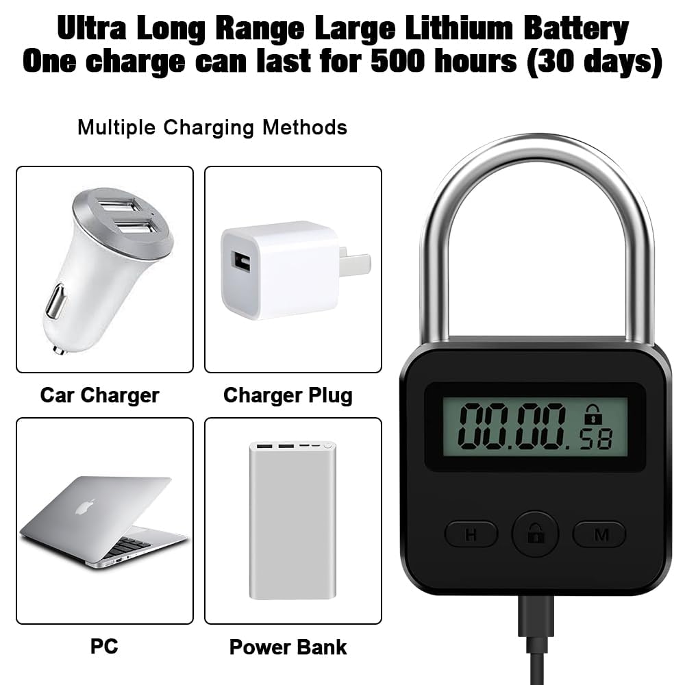 Bloqueo de Tiempo Inteligente, USB Recargable Candado Seguridad con LCD Pantalla Digital Máximo de 99 Horas Smart Time Lock Electrónico de Metal Resistente para Prevenir Malos Hábitos