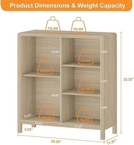 Miniatura 4 de FATORRI Mesa consola con 2 cajones y estantería de 5 cubos para sala de estar (nogal claro)