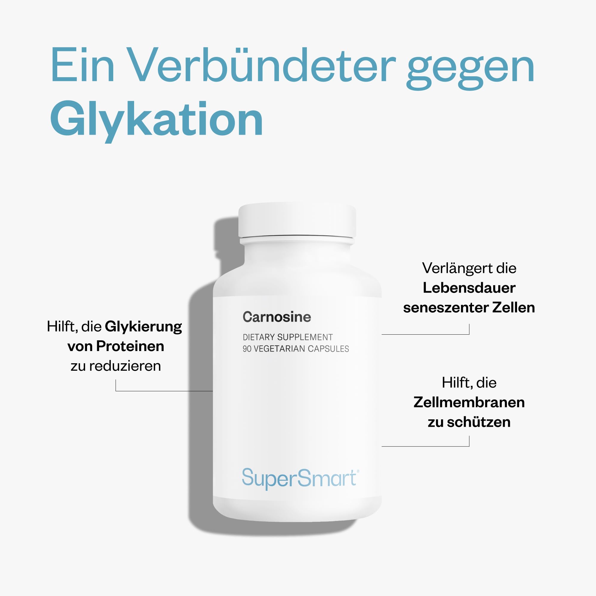 Carnosin (L-Carnosin) - Hilft, Glykierung zu Reduzieren - Zellschutz - Anti-Ageing Wirkung - Vegan - Glutenfrei - SuperSmart