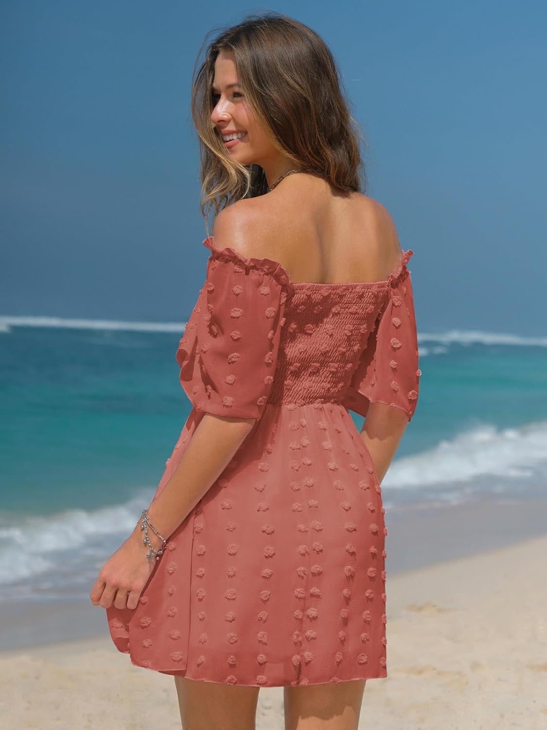 EXLURA Women's 2026 Summer Casual Square Neck Dresses Ruffle Short Sleeve Swiss Dot Flowy Mini Dress - Image 5