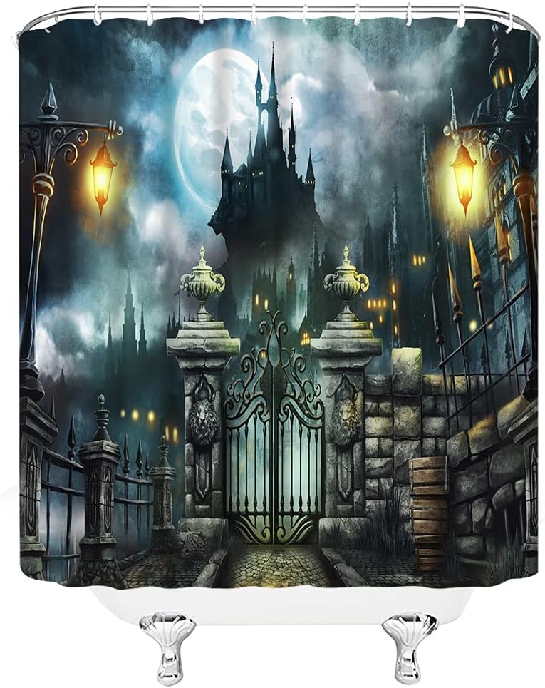 GCTNBJL Happy Halloween Shower Curtain Scary Castle Full Moon Night Spooky Gothic Horror Haunted Mansion Mysterious Magic Cool Bathroom Curtain with Hooks,Blue Gray