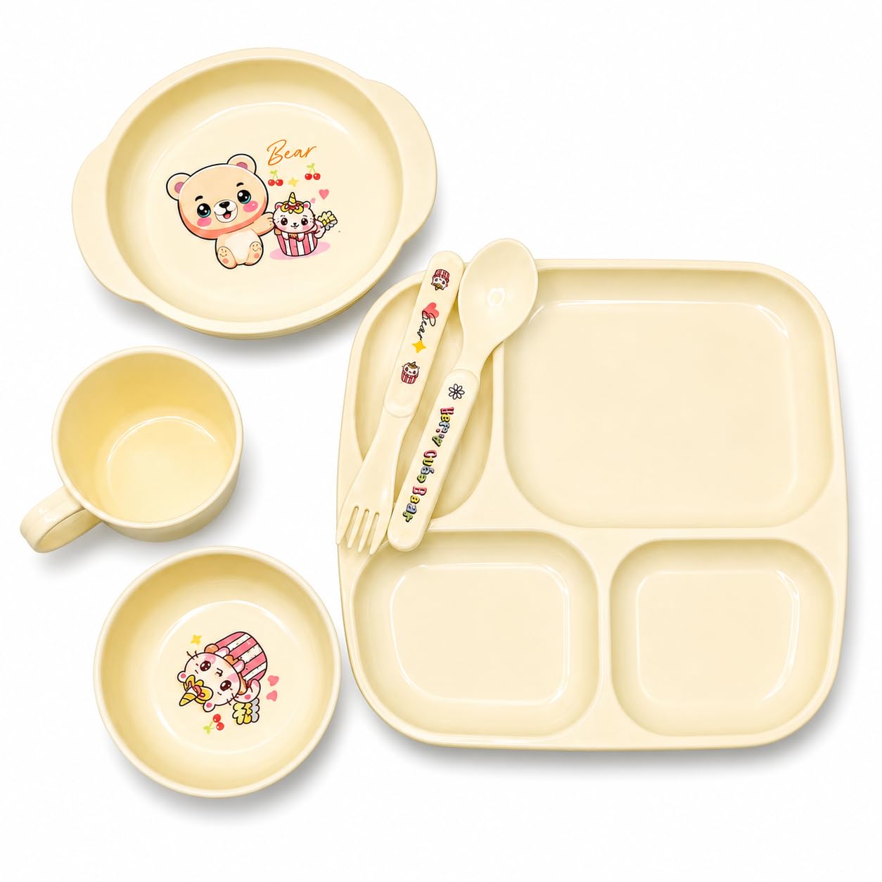 5PCS Kids Dinner Set – BPA Free Cartoon Bear Toddler Feeding Tableware Set with Tray, Bowl, Plate, Cup, Spoon & Fork-image-33