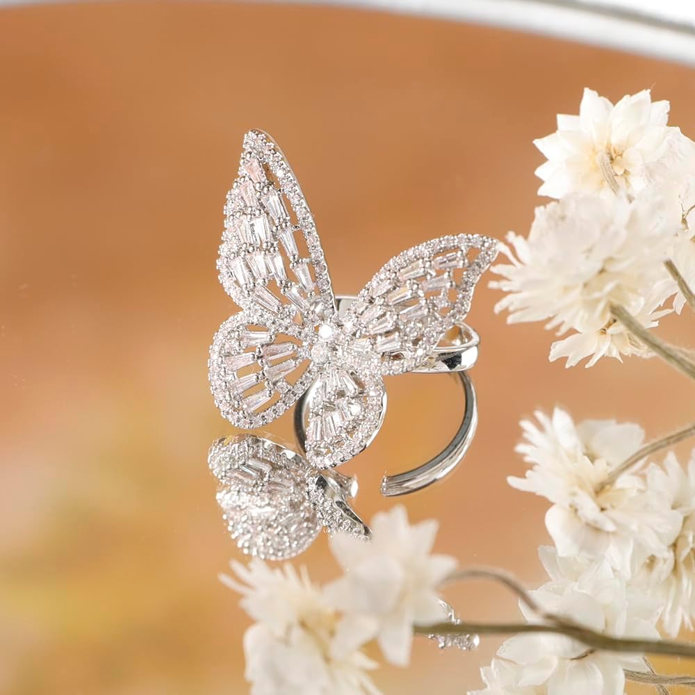 Aimimier Crystal Butterfly Ring Cubic Zirconia Bow-Knot Knuckle Ring for Women
