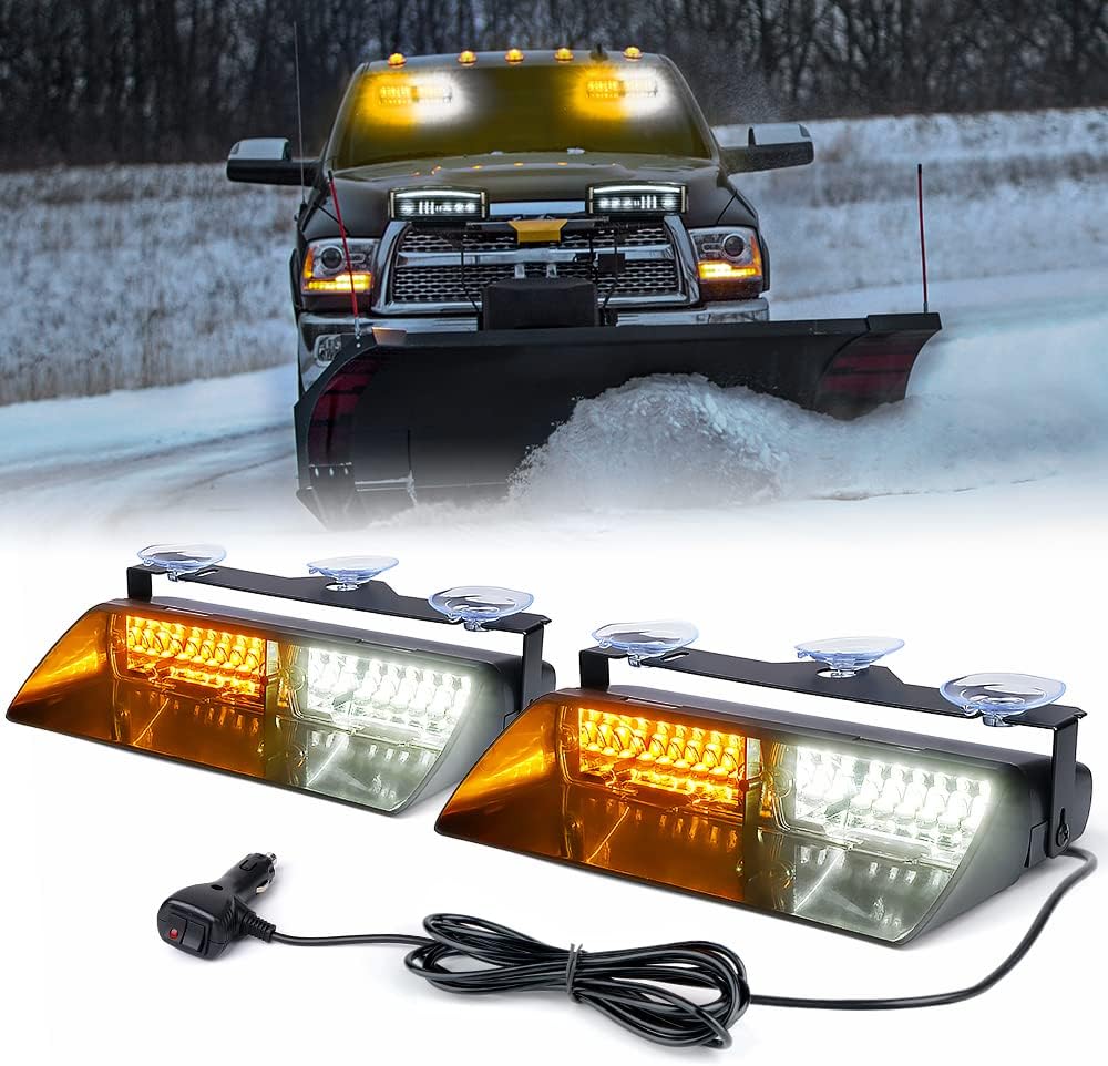 Xprite 2-in-1 High Intensity 32 LED Emergency Strobe Dash Lights Interior Windshield Flashing Light w/Suction Cups for Construction Vehicles Towing Work Trucks Plows Pickup Truck-White Amber