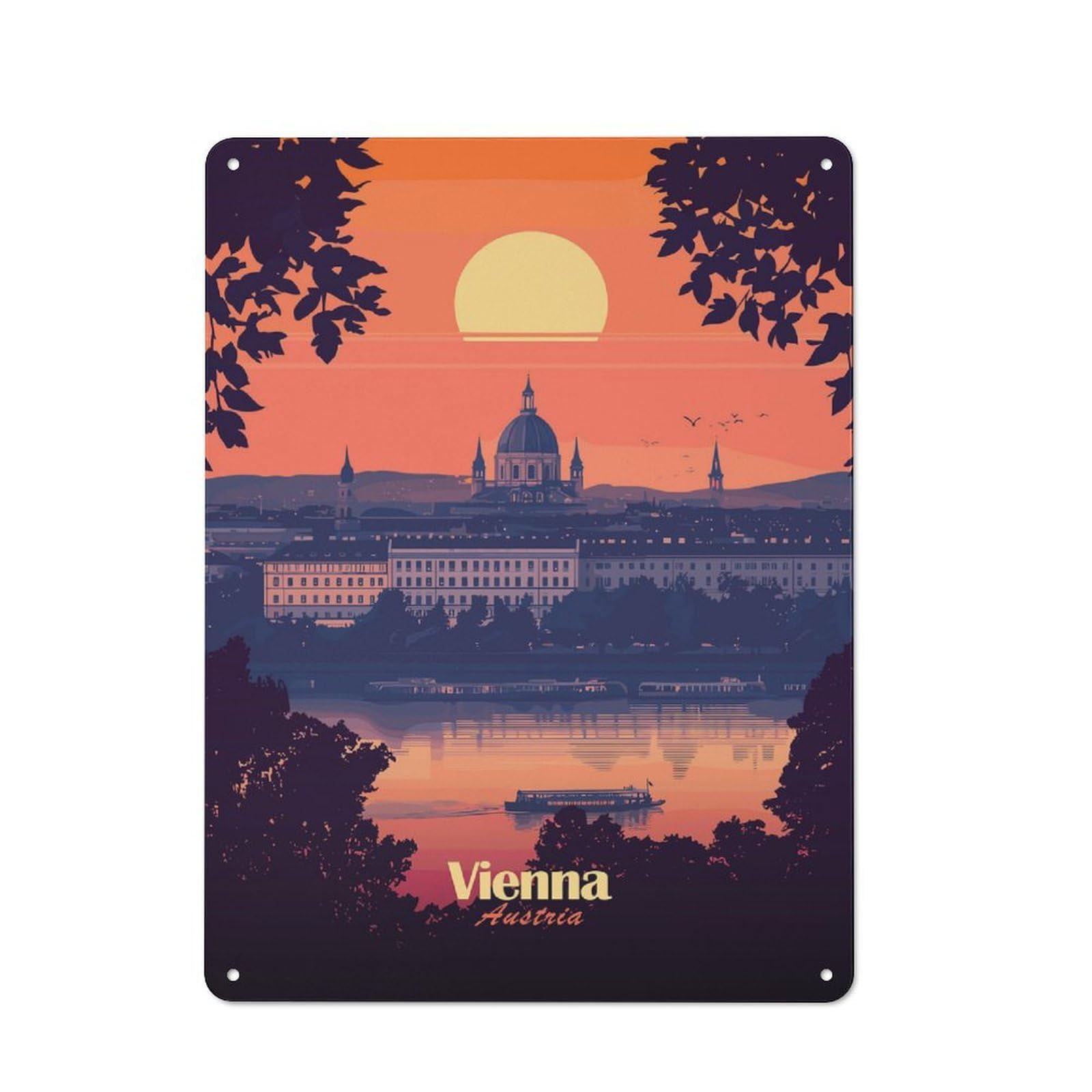 Vienna Sunset Cityscape Cottage Style Metal Wall Decor 40x30cm, Tin Wall Plaque for Kitchen, Cottage, Porch Or Garden Room