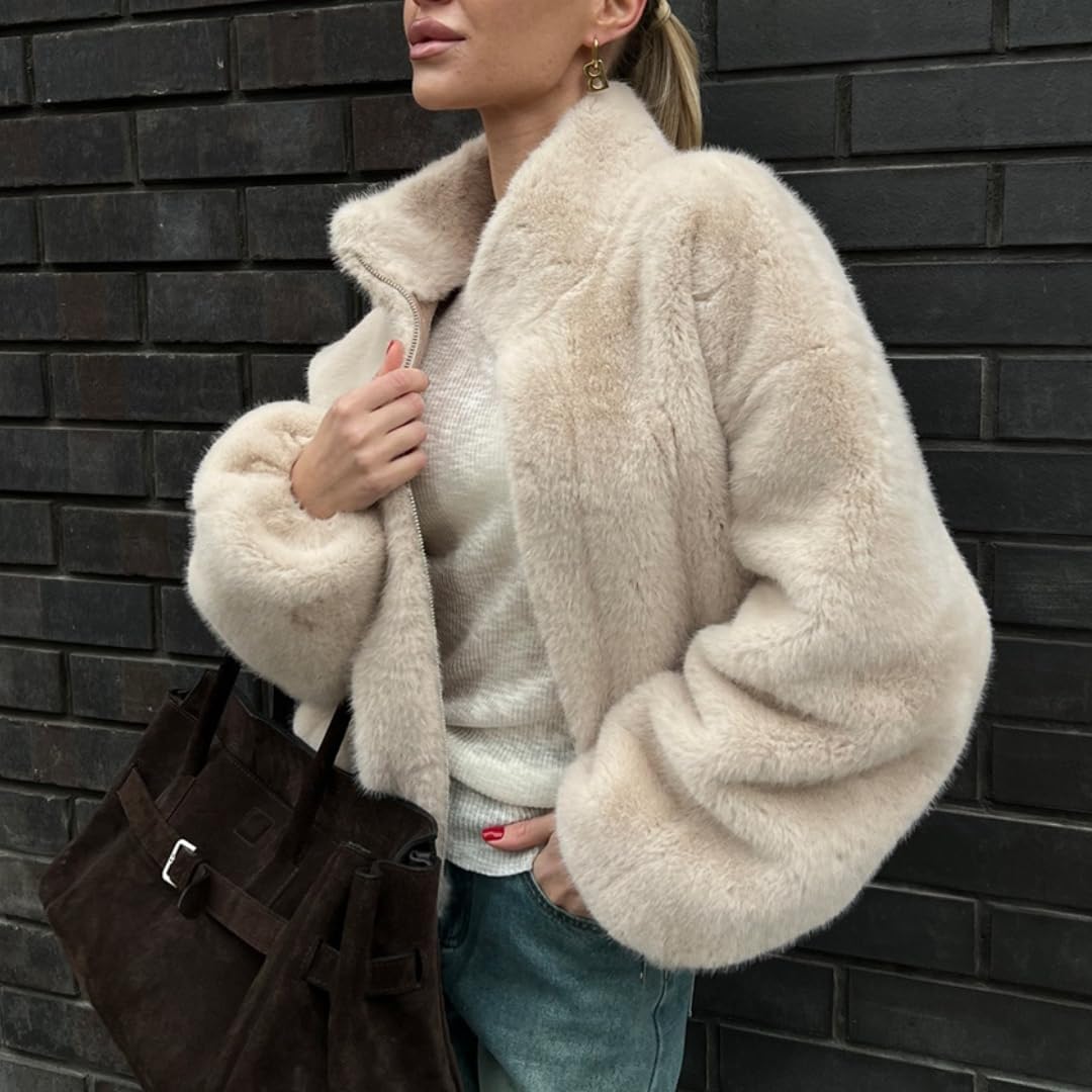 Womens Cropped Faux Fur Jacket 2025 Fluffy Coat Stand Collar Zip Up Fleece Jackets Long Sleeve Trendy Warm Outwear - Image 2