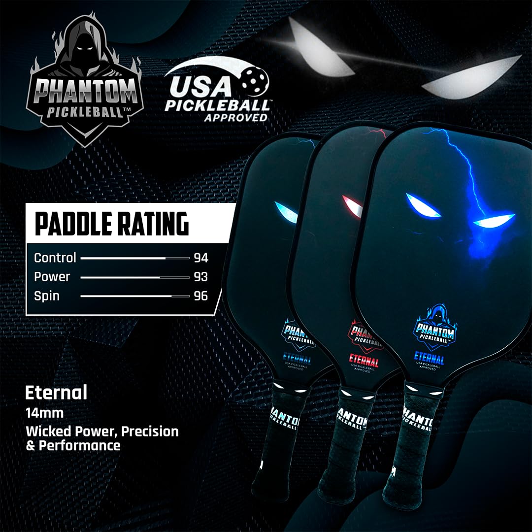 Phantom Pickleball Paddle Eternal 14mm - Carbon Fiber - USA Pickleball Approved - Max Grit and Spin Elongated Body Pickle Ball Paddle - Lightweight Pickleball Racket with Polypropylene Core