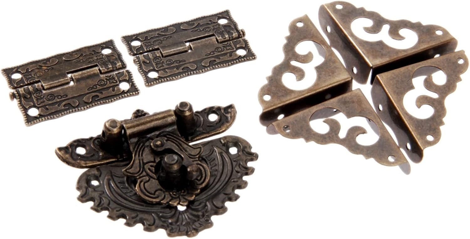 Latch Lock Latch Hasp+Hinge+Corner Protectors Antique BronzeFurniture Decorative Hardware