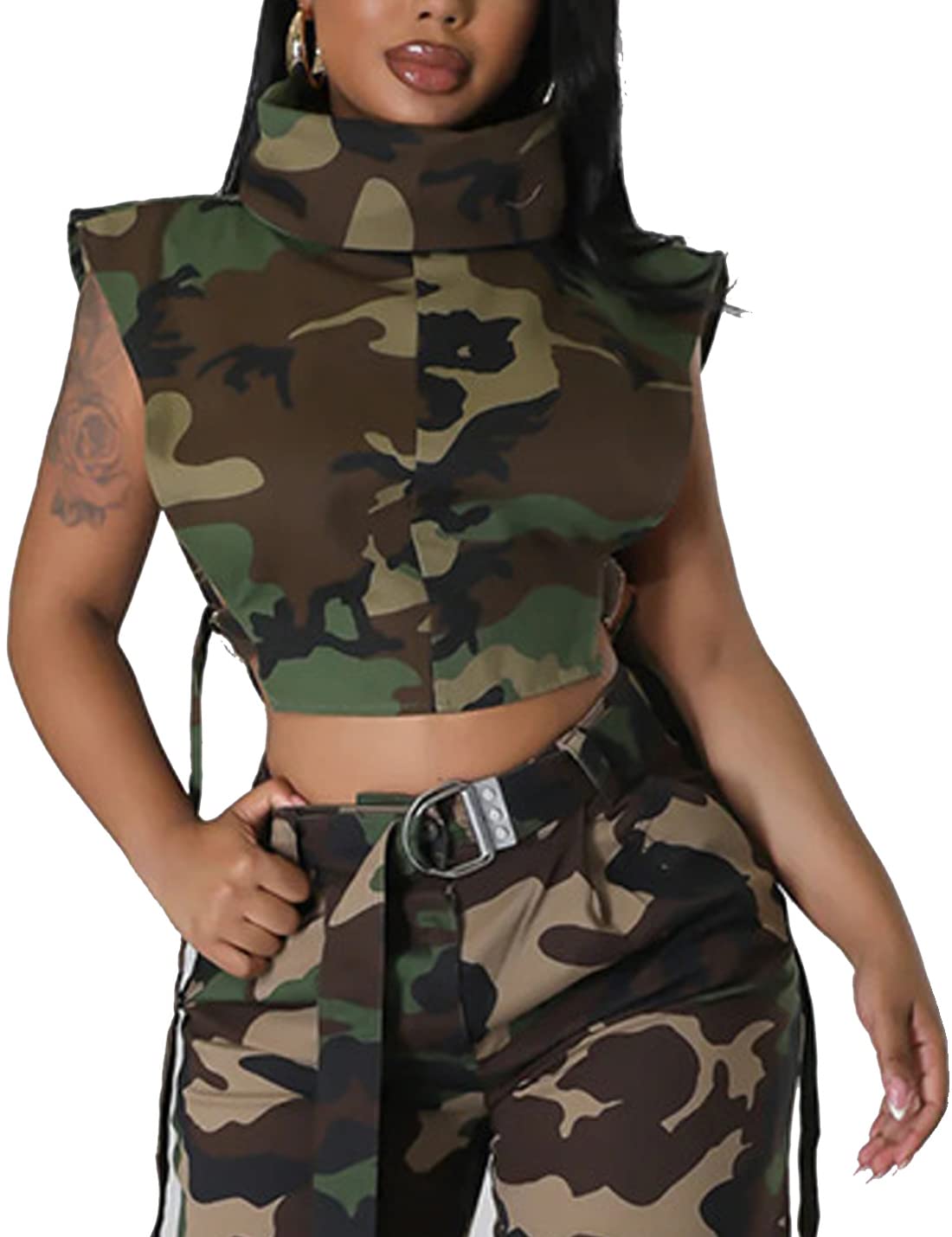 PAODIKUAI Blusa de mezclilla sin mangas con cuello alto para mujer, A-Camo Verde, Small
