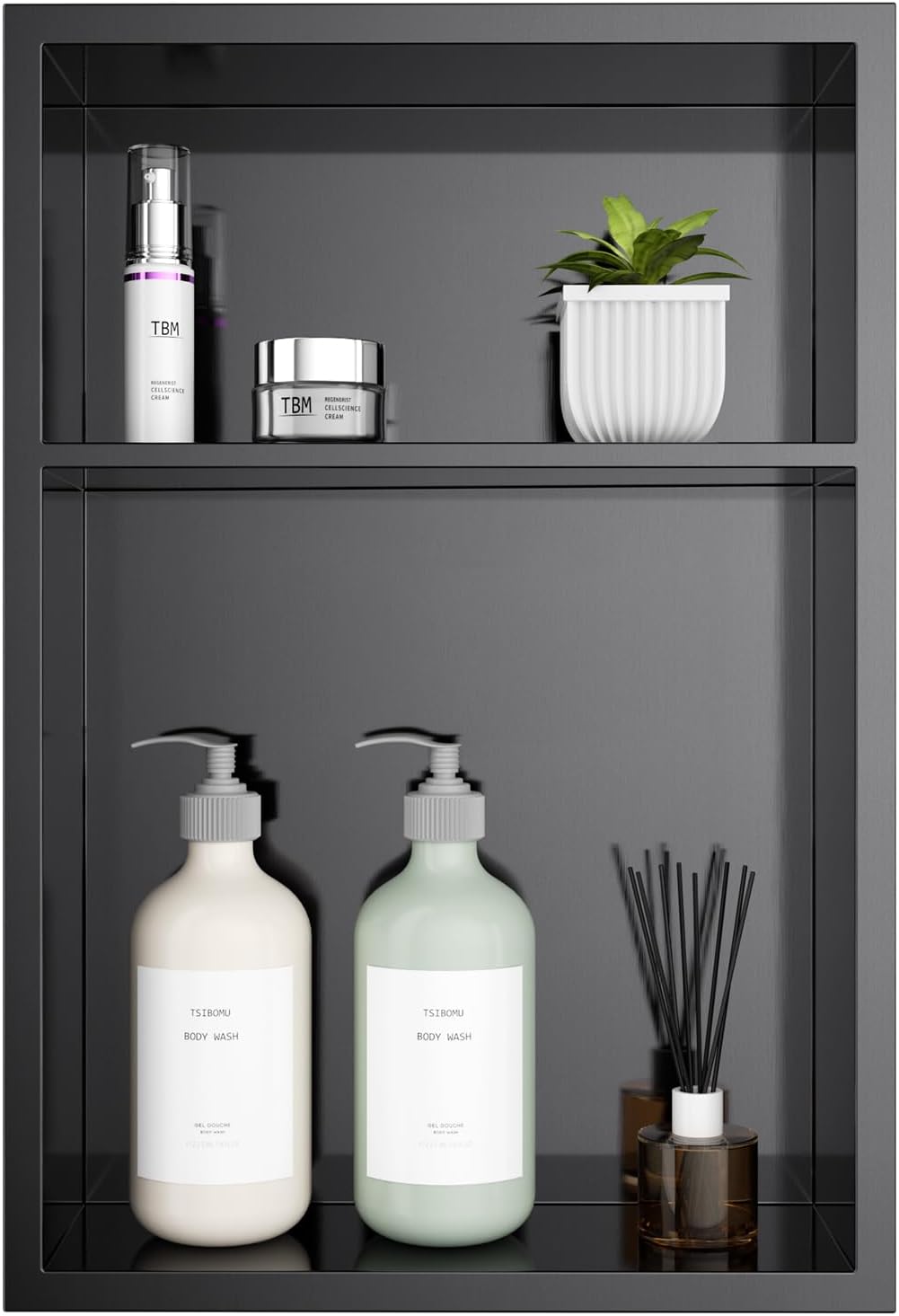 12" x 18" Stainless Steel Shower Niche – Recessed 2-Tier Shower Shelf, 12"x12" Upper & 12"x6" Lower Storage, Modern Bathroom Wall Niche (Black)