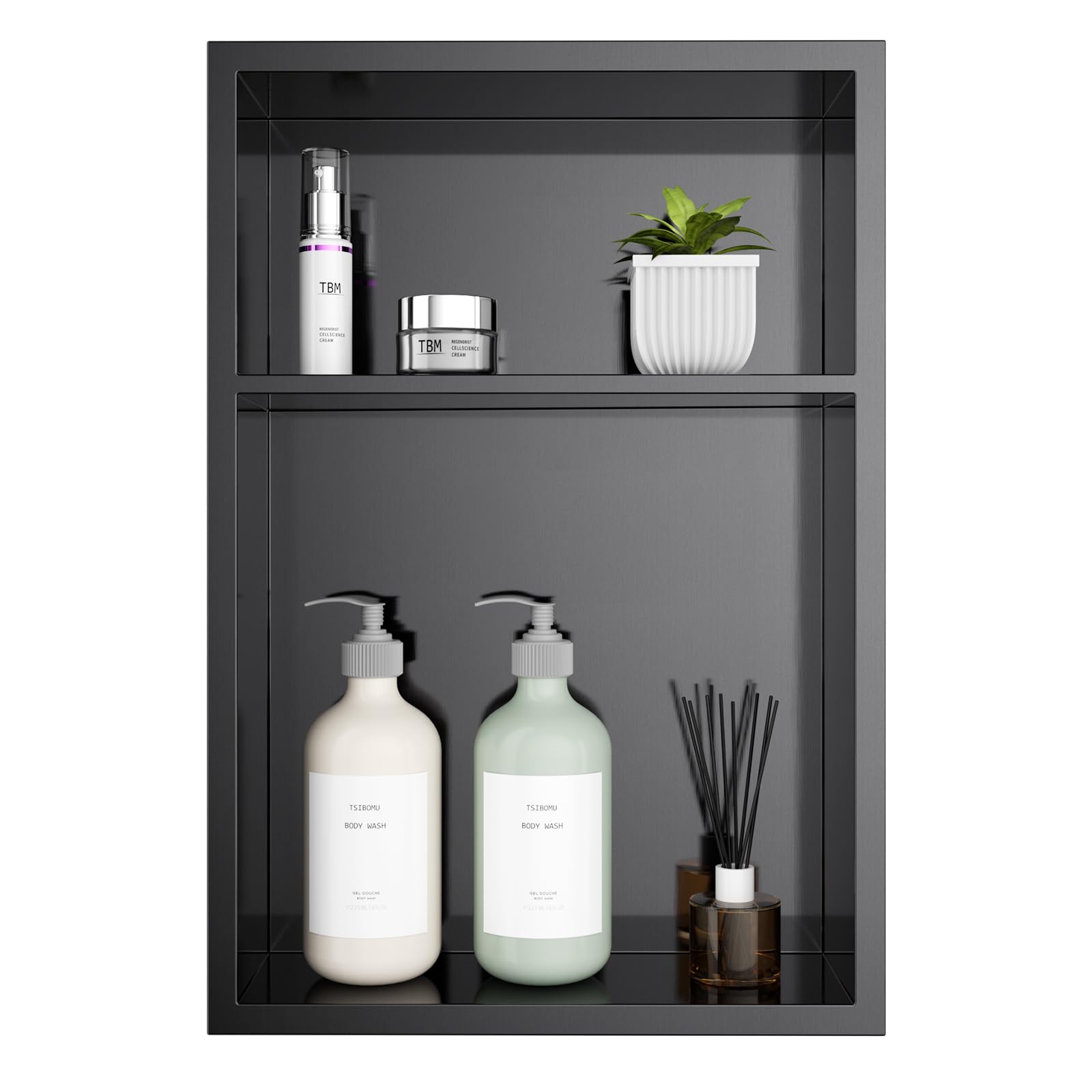 TSIBOMU 12" x 18" Stainless Steel Shower Niche – Recessed 2-Tier Shower Shelf, 12"x12" Upper & 12"x6" Lower Storage, Modern Bathroom Wall Niche (Black)