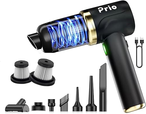 Prio Aspiradora de mano, aspiradora recargable de alta succión de 12,000 Pa, 4 en 1 con luz LED y accesorios, portátil para automóvil, hogar, oficina