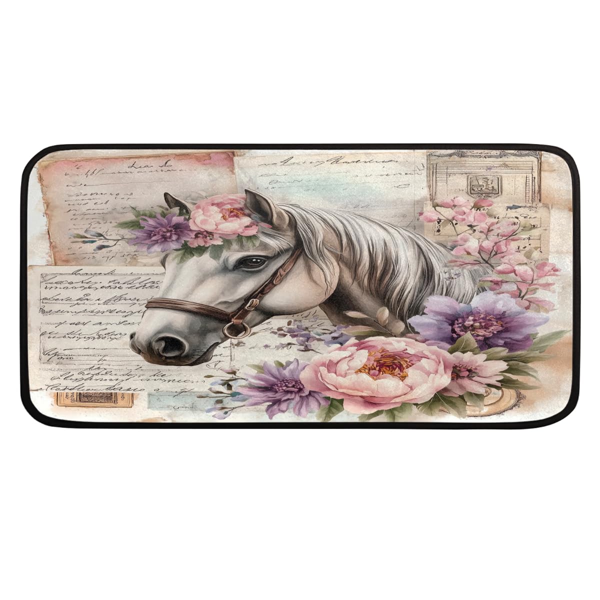 Tapis de cuisine vintage cheval et fleurs 99x51 cm antidérapant