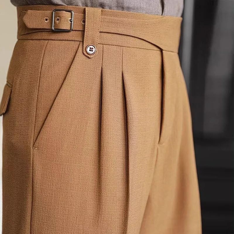Mens Vintage High Waist Belt-Up Suit Shorts Summer Casual Solid Color Pleated Shorts