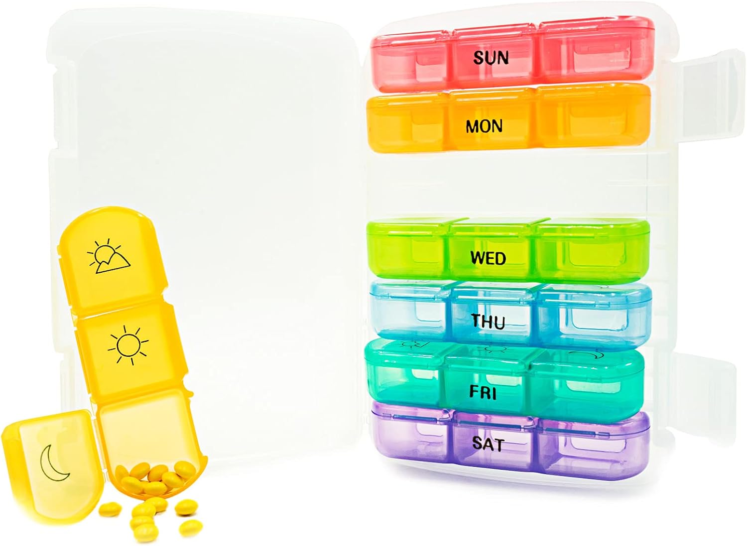 Weekly Pill Organizer 3 Times a Day, Travel 7 Day Pill Case Daily Medicine Organizer Pill Container with Large Compartments for Medication, Vitamins, Fish Oils and Supplements（Rainbow）