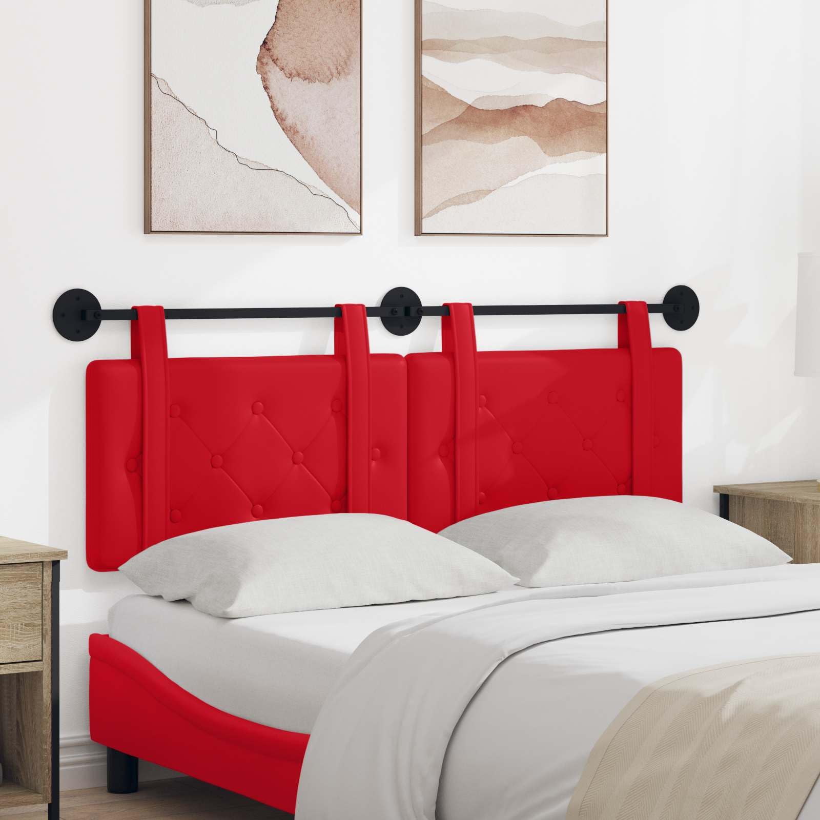 Cabecero colgante rojo de piel sintética con acolchado de espuma, montaje en pared, 150 x 55 cm, juego de 2 unidades, versátil para dormitorio, habitación de invitados, cama doble y cojín de