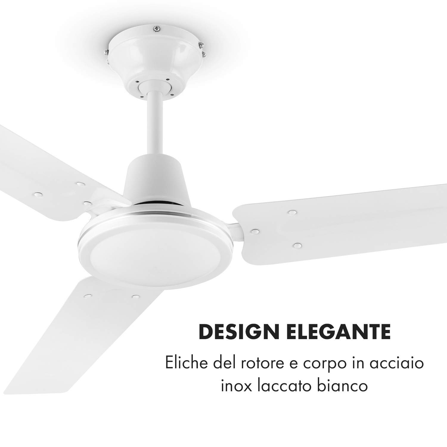 Klarstein Spin Doctor - Ventilatore da Soffitto, 3 Pale, Diametro: 48"/122 cm, Flusso d'Aria: 9963 m³/h, 56 W, 3 Velocità, Controllo a Parete Separato, Corpo: Acciaio Inox, Bianco