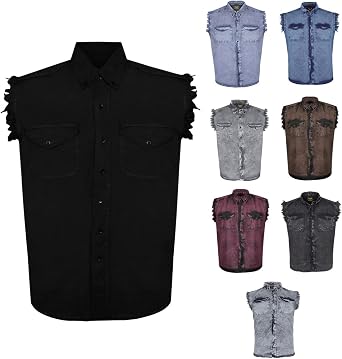 Mens Bikers Sleeveless Button Front Cotton Shirt Stonewash W/Chest Pockets Frayed Sleeves 9 Colors Option