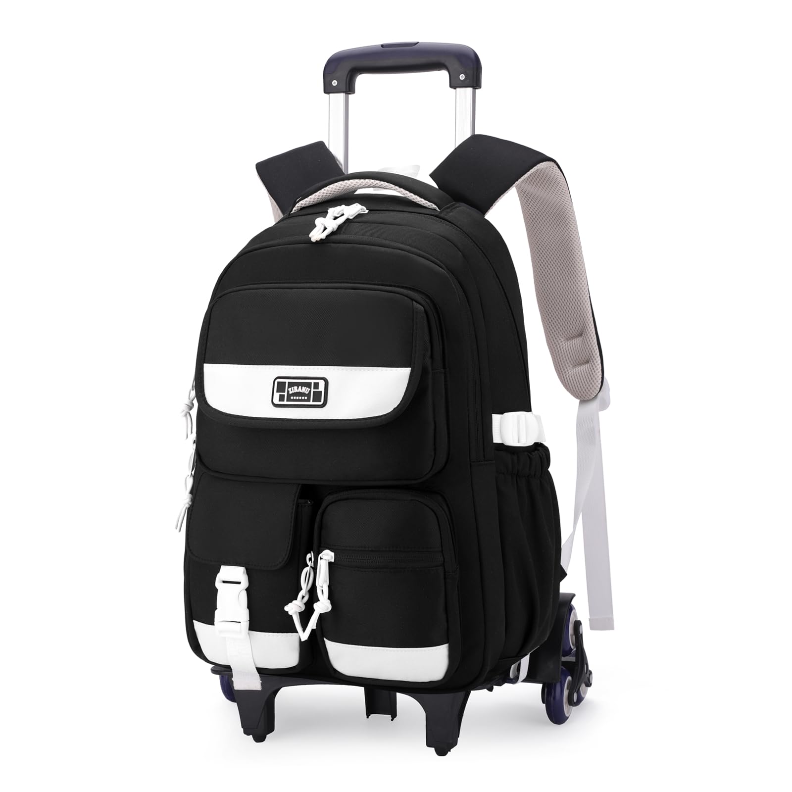 LANSHIYA Solid Color Girls Rolling Backpack with Wheels Schoolbag Elementary School Student Trolley Daypack, B-black-6 Wheels, 6 Wheels, Modern