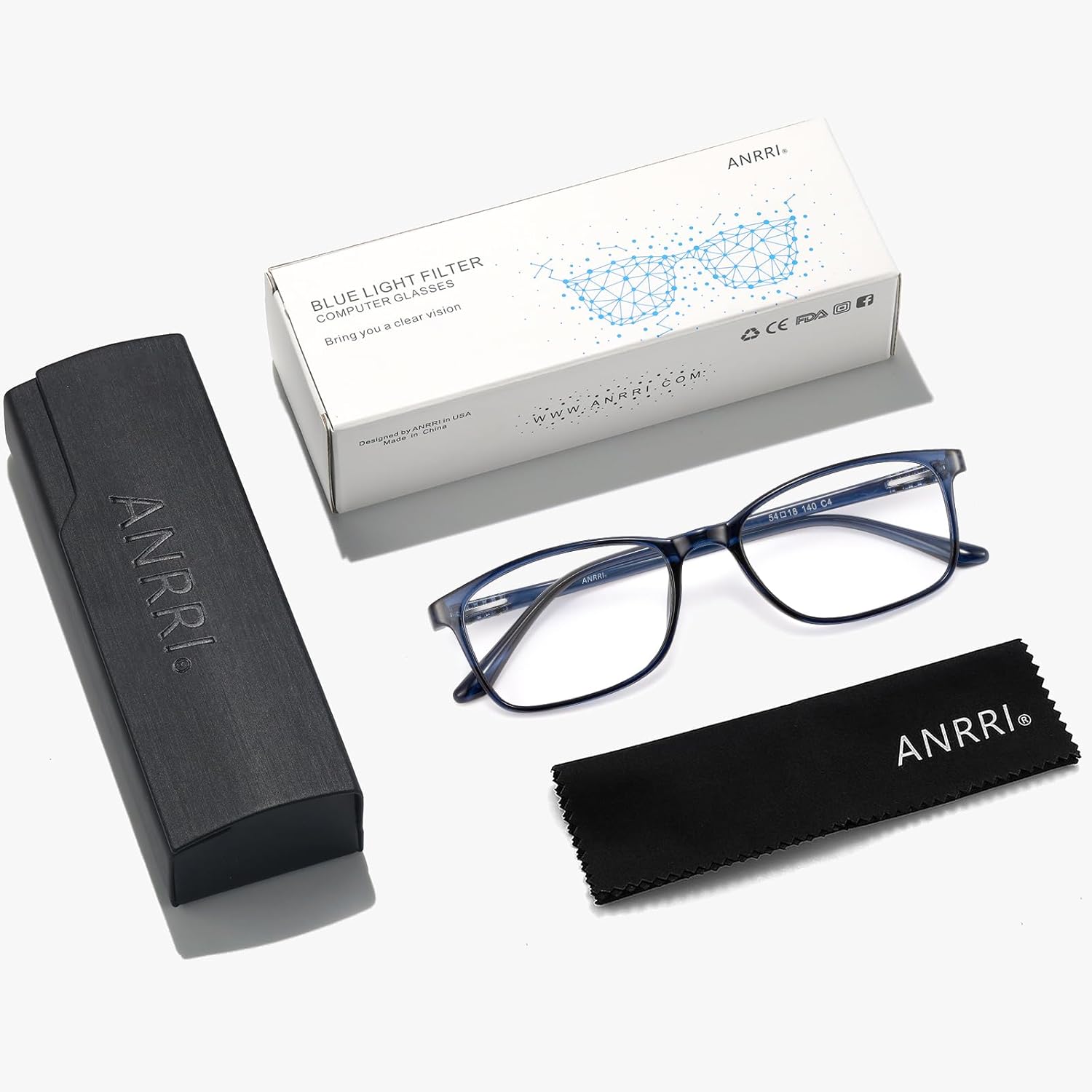 ANRRI Non Prescription Glasses for Men Clear Lens Classic Square Blue Frame Eyewear Women