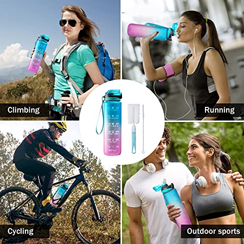 Drinkfles, 1 liter drinkfles met tijdsignalen, kunststof, blauw en roze met rietje voor kamperen, fietsen, sport, blauw en paars - Image 8