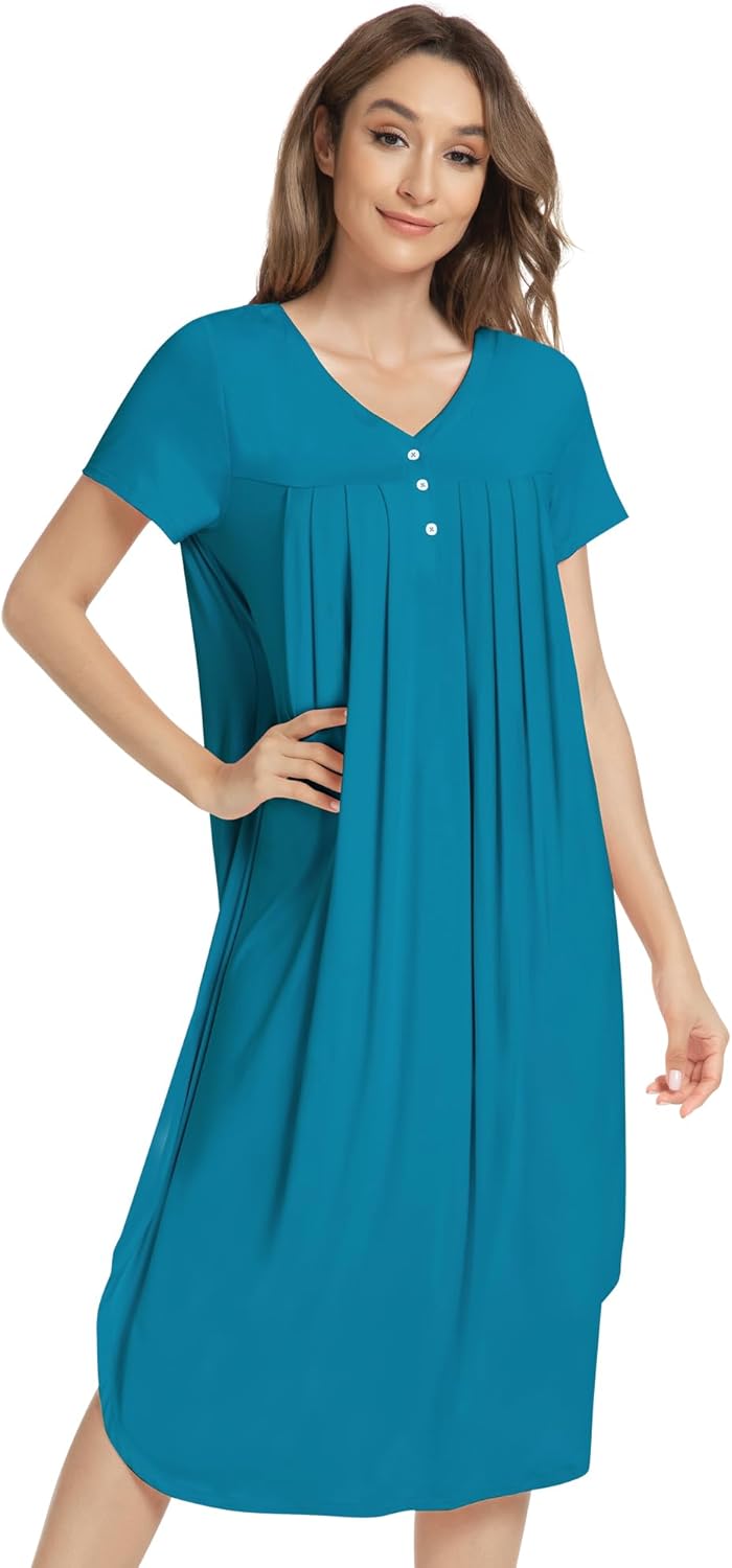 NACHILA Nightgowns for Women-Viscose Made from Bamboo, Short Sleeve Night Gown Cool Night Shirts Pleated Sleepwear
