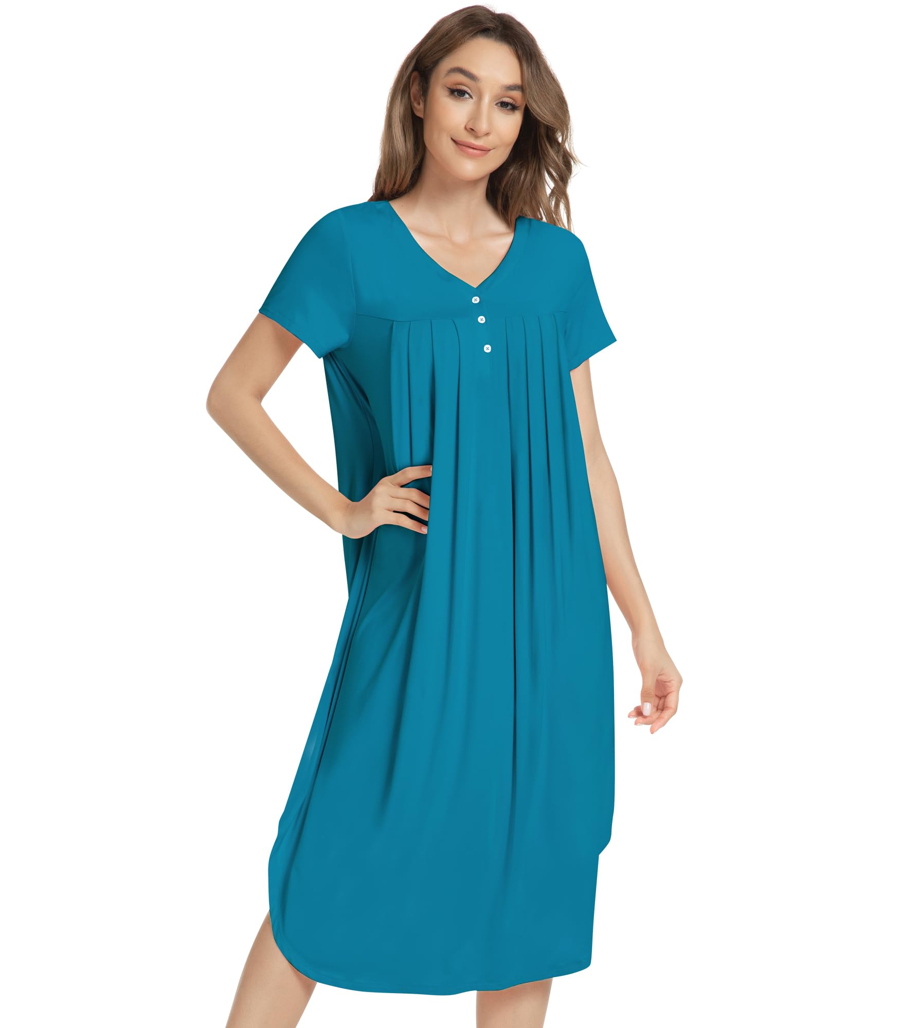 NACHILA Nightgowns for Women-Viscose Made from Bamboo, Short Sleeve Night Gown Cool Night Shirts Pleated Sleepwear
