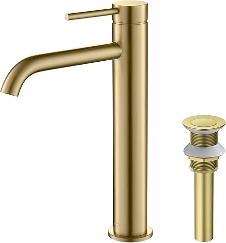 Miniatura 1 de KIBI KBF1009 Grifo circular de latón macizo de una sola manija para fregadero de baño con drenaje desplegable  Caño de grifo de arco alto (oro