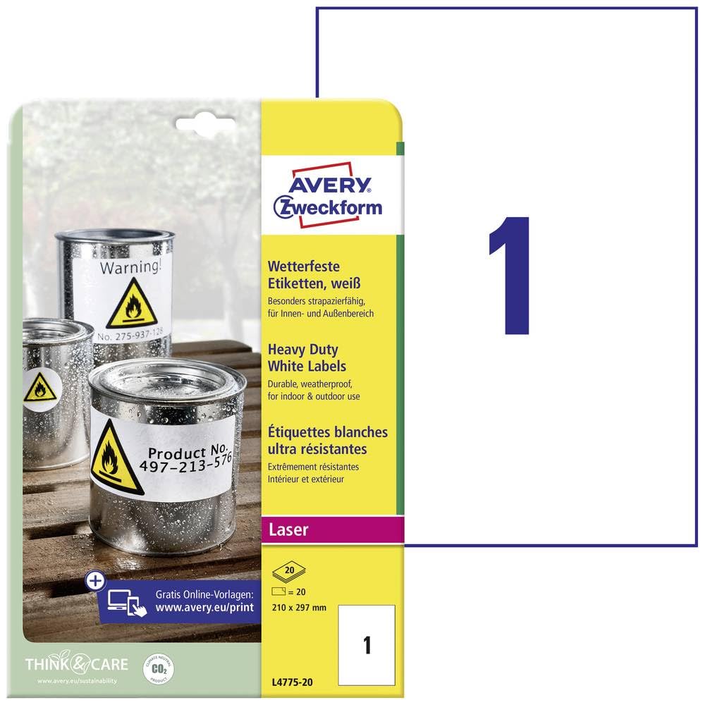 AVERY/Zweckform étiquettes résistantes aux intempéries Contenu: 20 étiquettes sans bord, 210 x 297 mm