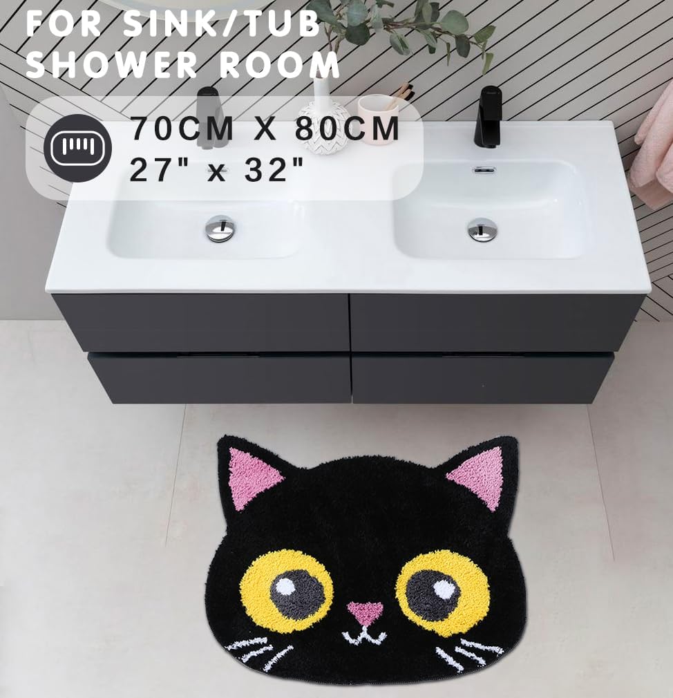 Cat Bathroom Rug, Thick Soft Absorbent Microfiber Black Cat Bath Mat, Non-Slip Cute Bath Rugs, Machine Wash Dry, Bathroom Mats for Bathroom Floor, Bathtub, Shower, Sink and Decor