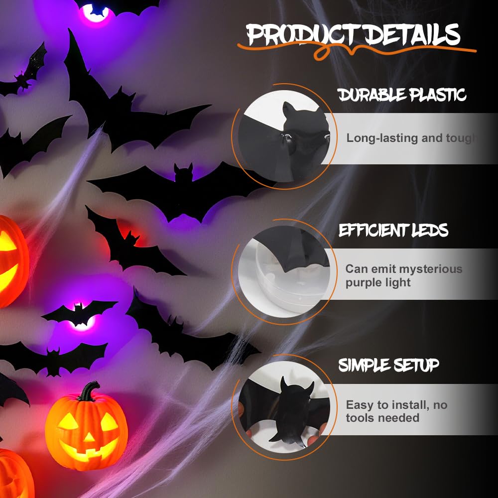 Halloween 3D podświetlane nietoperze, 2025 nowe naklejki 3D LED nietoperze, dekoracje ścienne, różne rozmiary, na imprezę, do sypialni, dekoracji okien, wewnątrz i na zewnątrz (36 szt.)