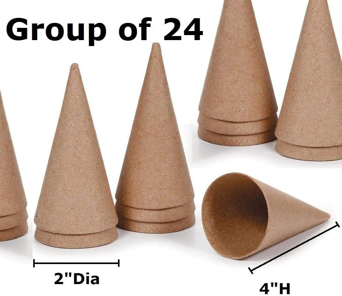 Paper Mache Cones - Bulk Pack of 24 Small Papier Mache Cardboard Cones with Open Bottoms for Crafting Dolls, Holiday Angels, and Christmas Trees (4 inch high x 2 inch Dia)