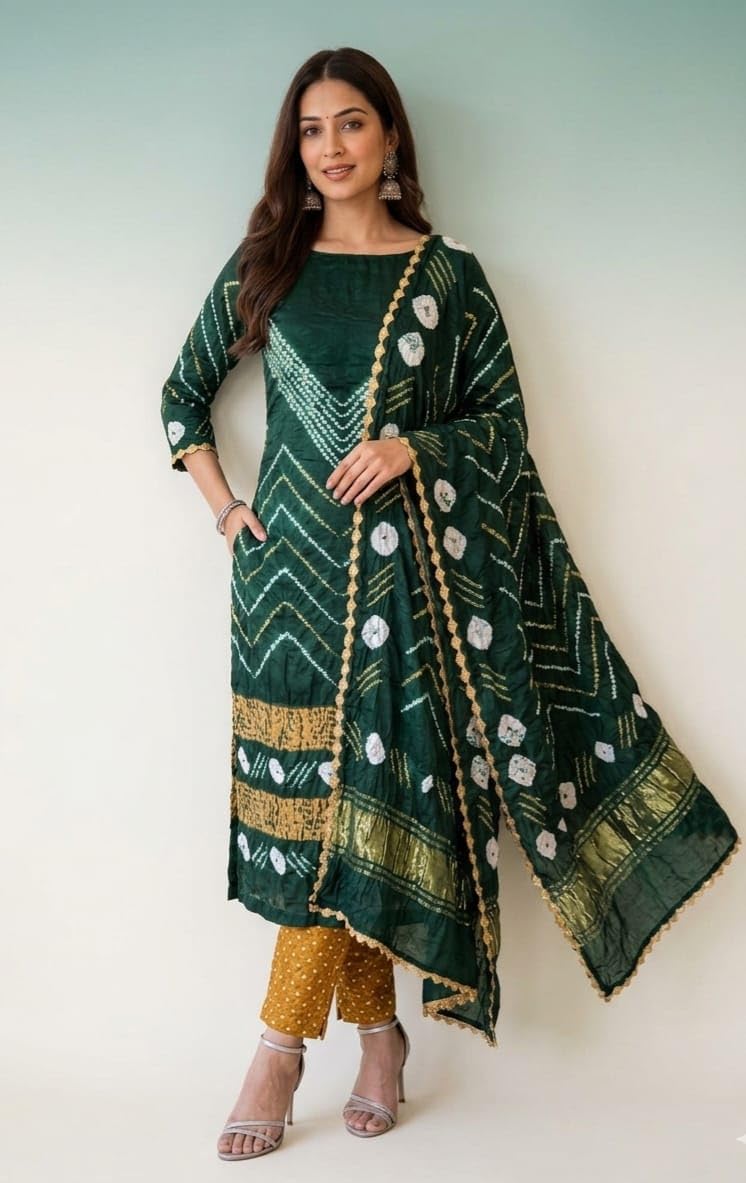 Eddika women's unstitched pure modal silk Shibori with Green and mustard Bandhej 3-piece full suit material set 4