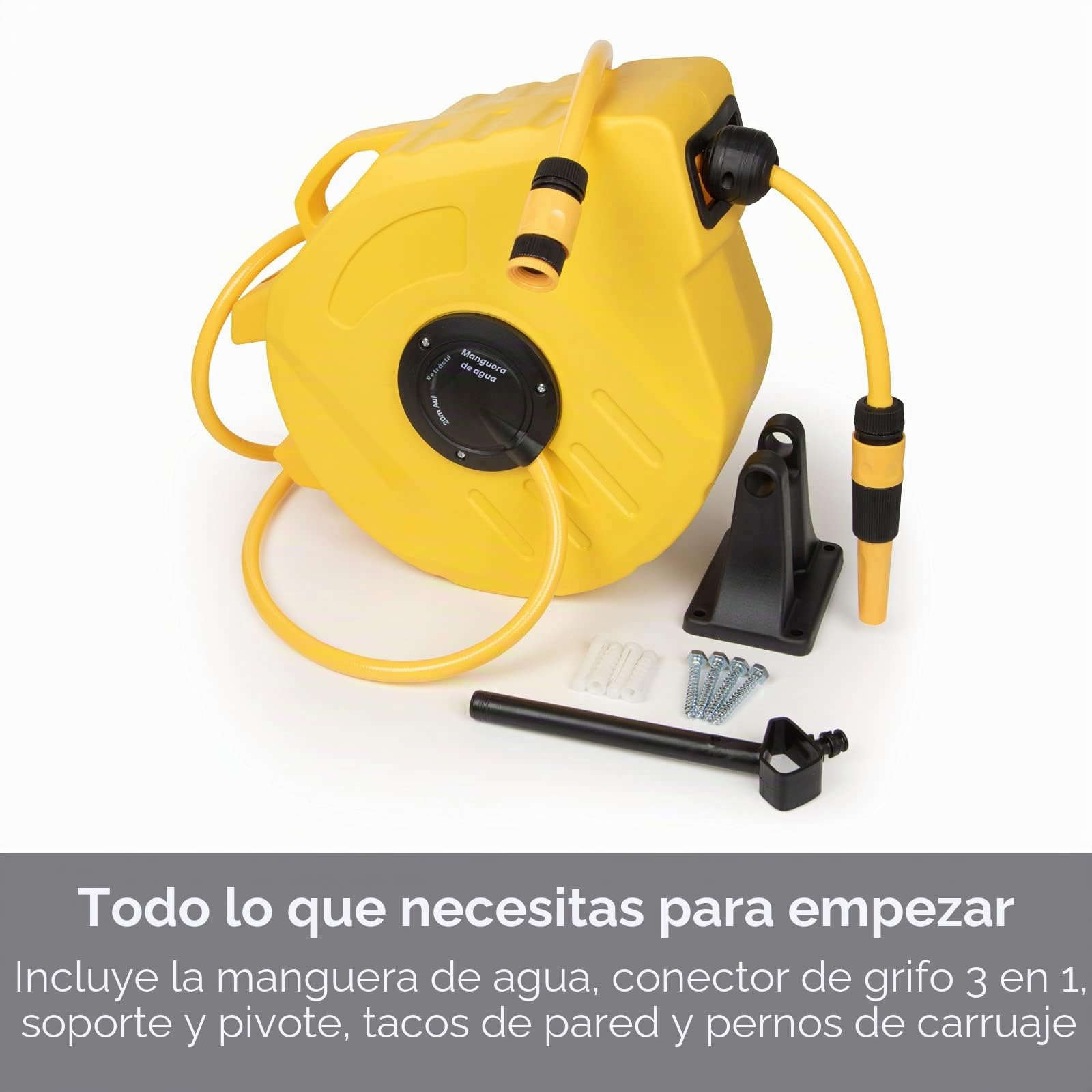 SLx Manguera de jardín, 20M, Carrete de Manguera montado en la Pared, Tubo de Manguera retráctil automático, Portátil 180° Giratorio 2 en 1 Jet o Spray, Sistema de Bloqueo automático, Pistola de