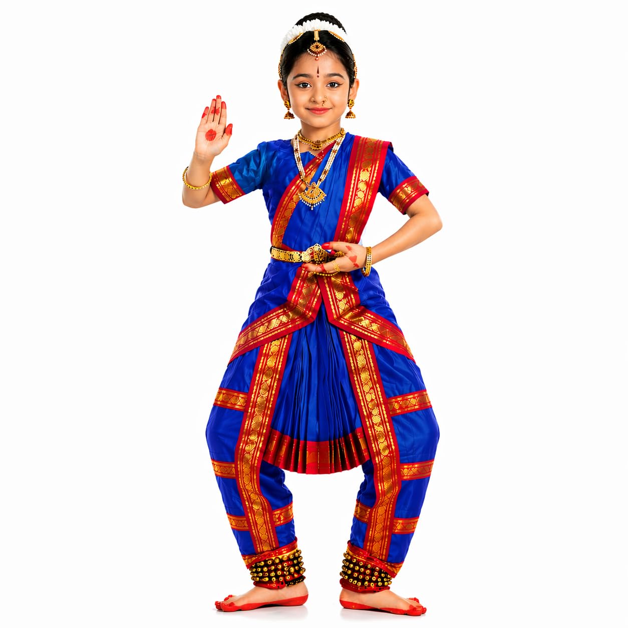 Raj Costume Kids Bharatanatyam Dance Costume for Girls Classical Dance Dress Set | Pre-Stitched Outfit with Pleats Blouse Dhoti Style Bottom | Fancy Dress for School Function Festival Performance Wear-image-44