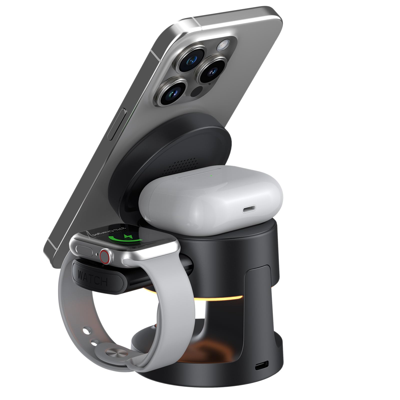 Stazione di ricarica pieghevole con luce notturna e supporto portatile per telefoni, orologi, cuffie, supporto per telefono