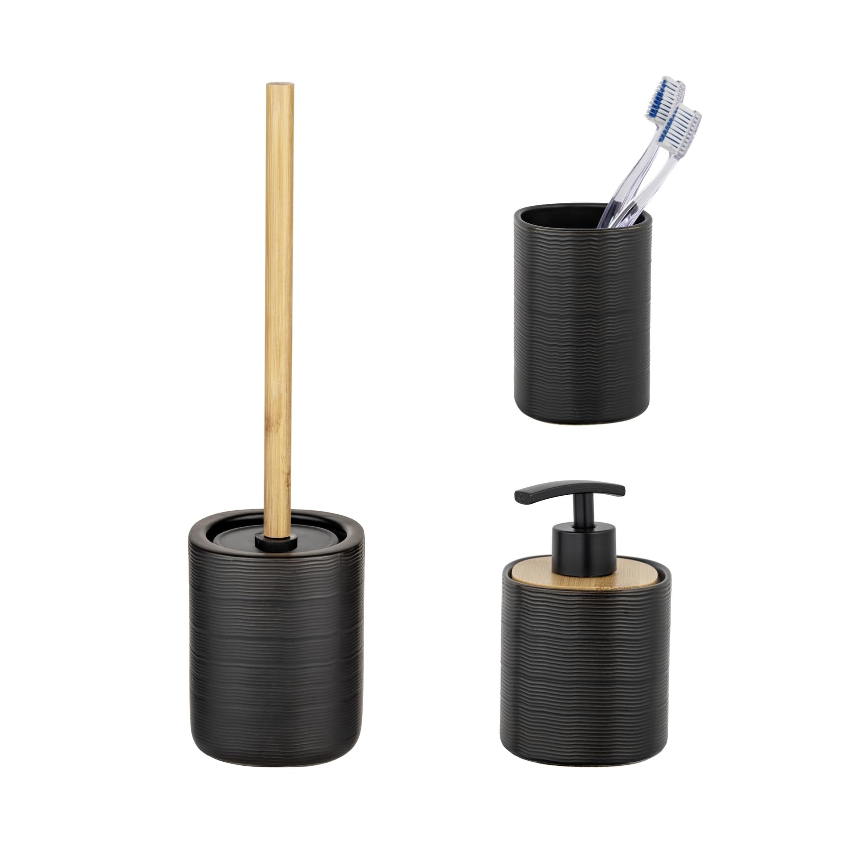 Schöner Wohnen Kollektion Bad-Accessoire Set Mod. Zena 3-teilig Keramik Bambus Schwarz mit Seifenspender Zahnputzbecher und WC-Garnitur Maße 38,5 cm x 10 cm