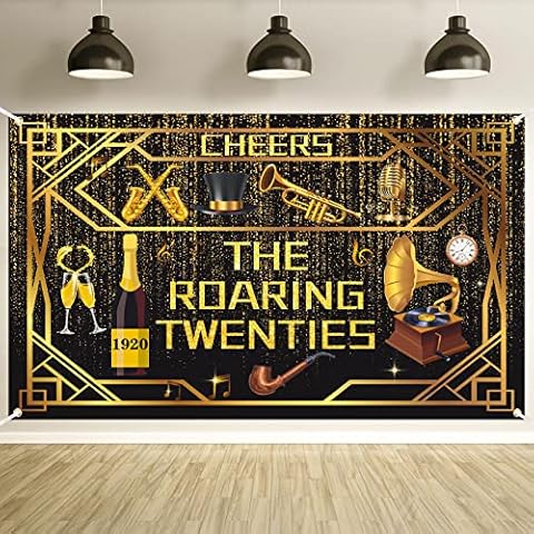 Roaring 20s Party Decorations Banner Roaring 1920's Banner Black and Gold Birthday Vintage Music Themed Speakeasy Decor Backdrop Banner for 1920s Birthday Wedding Retro Jazz Party Supplies Cover