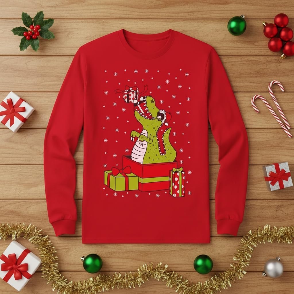 Tstars T Rex Dinosaur Ugly Xmas Sweater Toddler Kids Long Sleeve T-Shirt 4T Red